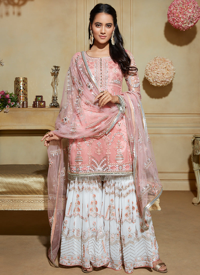 Coral Pink and Off White Gharara Suit ...